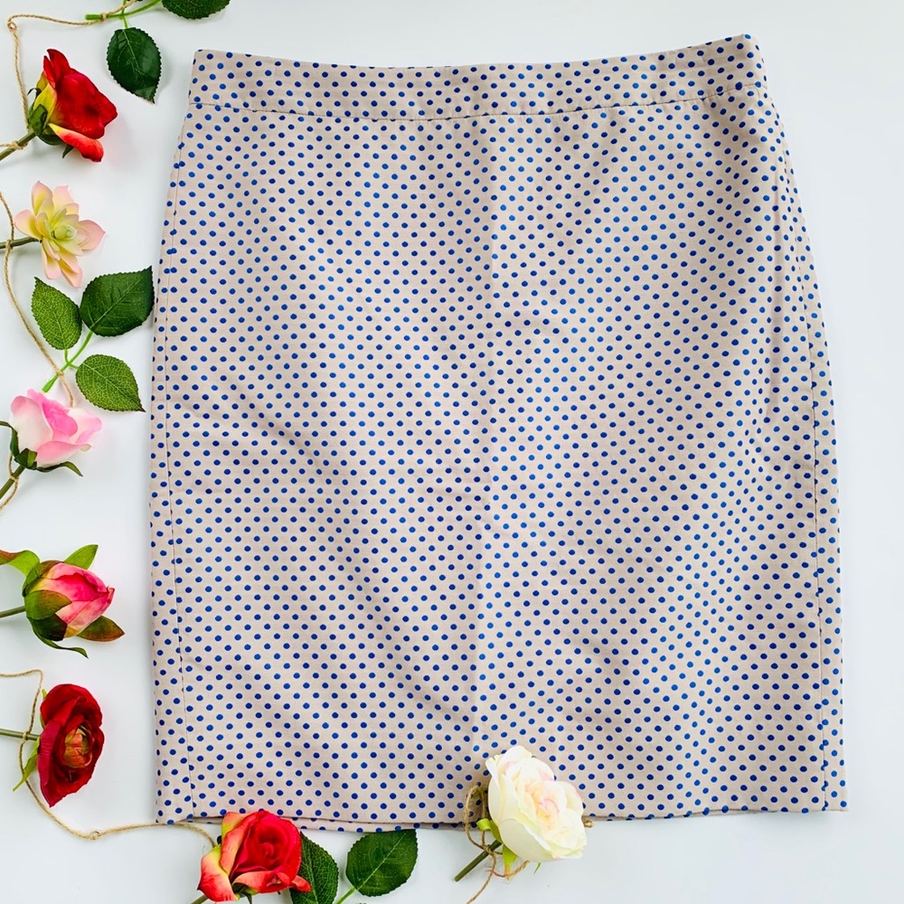 J. Crew Beige Pencil Skirt with Blue Polka Dots